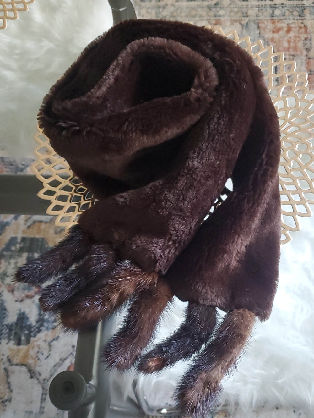 Vintage Fur Scarf With Real Mink Fur Tail Fringe